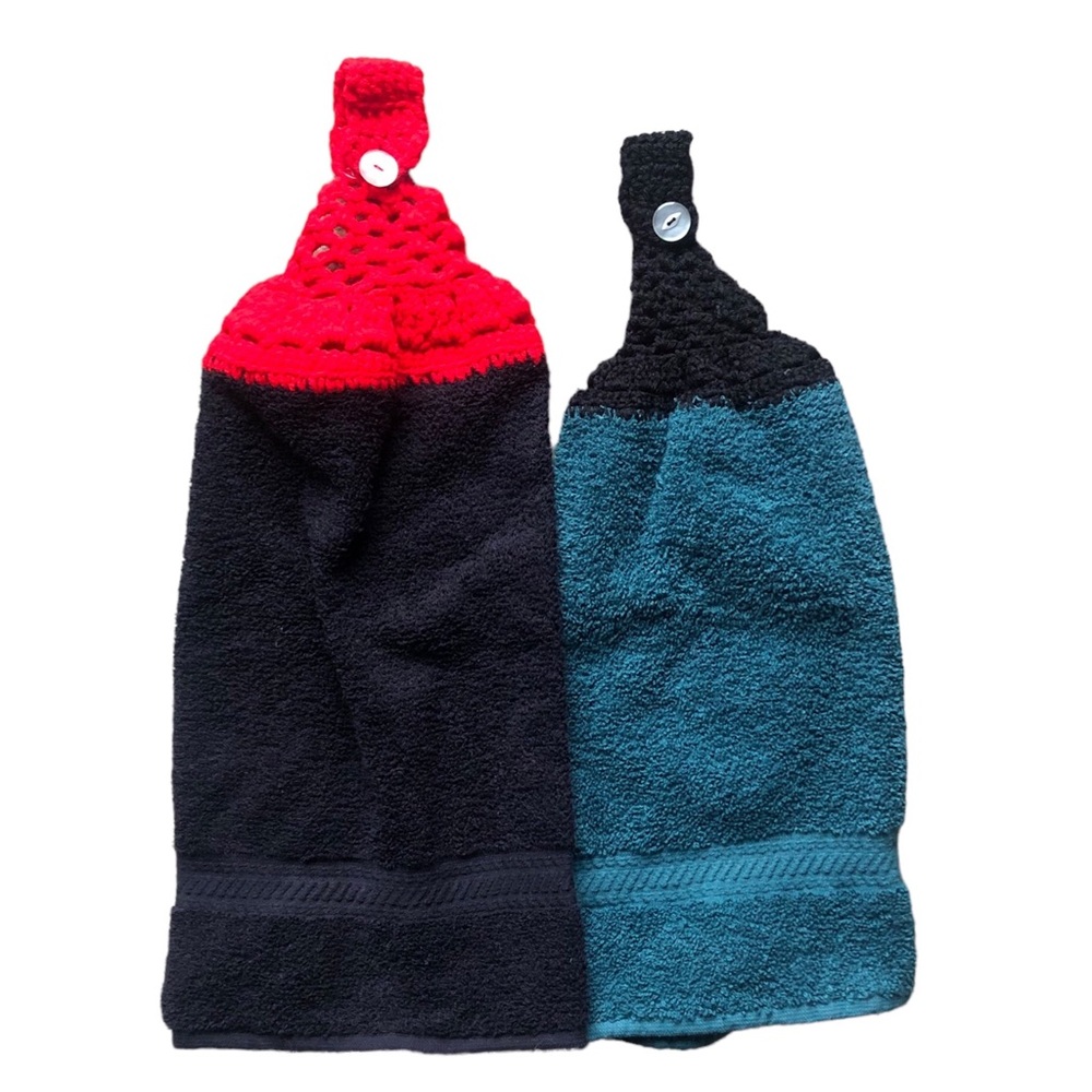 Set of Two Handmade Crocheted Hanging Dish Towels Red/Black & Black/Green